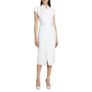 Giorgio Armani Cady Wrap Midi Dress 46 US 10 White Cap Sleeve Timeless Luxury